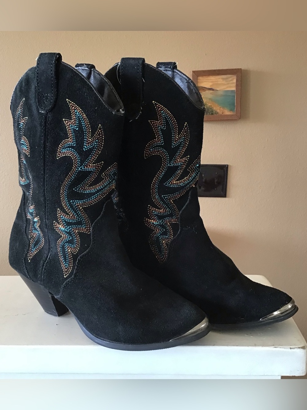Dingo Black Suede Colorful Stitching Cowgirl Western Boots